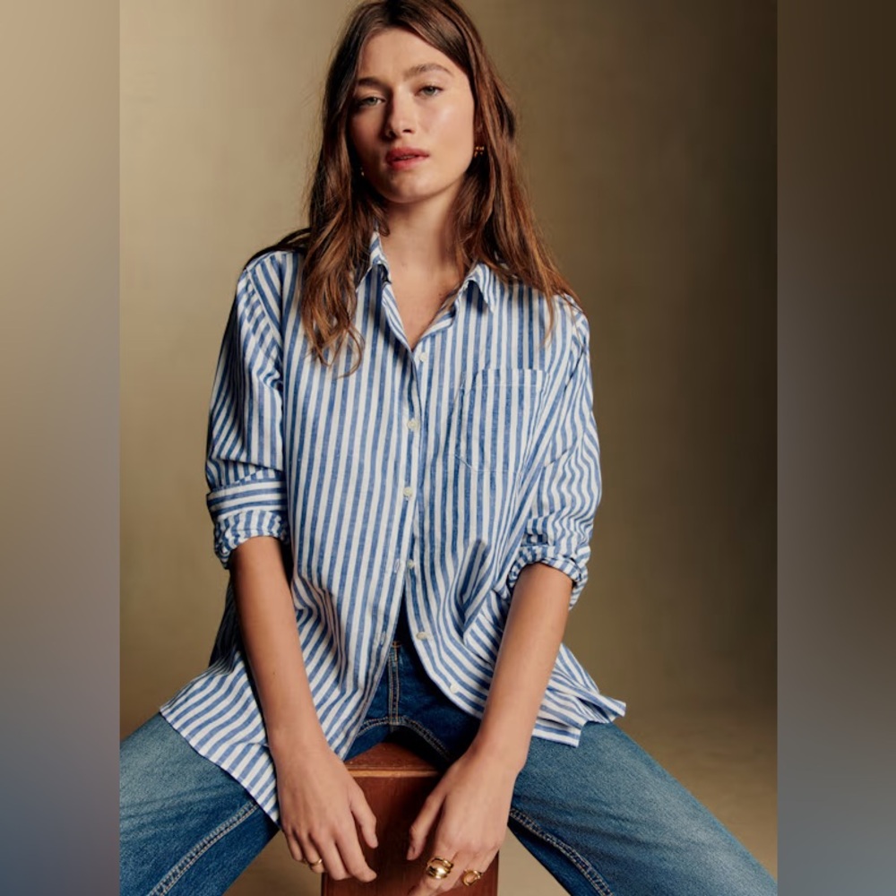 Sezane Max shirt blue white stripes linen cotton button down size 38 medium